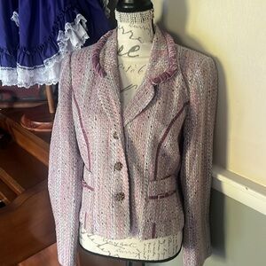 🩷 Womens Purple Pink Floral Tweed Ruffle Amber  Bling Bow Dress Jacket 179.00‼️